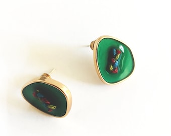 STITCH TRACE Enamel Resin Stud Earrings | Organic Fiber Detail Minimal Jewelry | Green Abstract Statement Studs | Unique Gift for Women