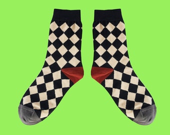 PLAYFUL RHOMBUS fun chess board art socks | funky patterned socks | crazy fashion socks | unique novelty crew socks | cozy cotton socks