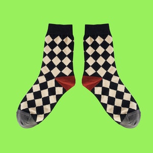 PLAYFUL RHOMBUS fun chess board art socks | funky patterned socks | crazy fashion socks | unique novelty crew socks | cozy cotton socks