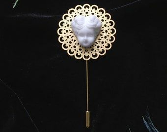 Long needle dolly brooch pin - Baroque-inspired dolly long needle pin/brooch - Frozen Charlotte dolly long needle pin/brooch