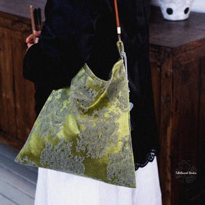 EMPRESS JADE Chinoiserie Shoulder Bag | Chinese Brocade Moss Tote | Chartreuse Green Hobo Purse | Textile Art Handbag