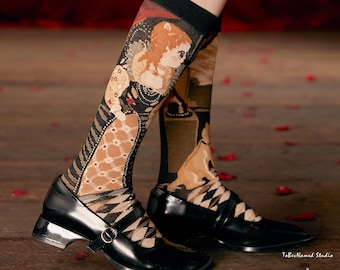 ONCE UPON A TIME Dolly Pattern Silk Dress Socks | Soft Jacquard Long Socks | Romantic Fashion Socks For Artists