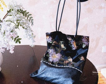 VIOLET NOCTURNE Shoulder Bag | French Couture Sequin Velvet Tote | Dark Romantic Beaded Purse | Textile Art Tote Bag