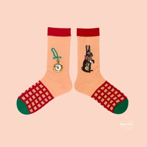 MR. RABBIT unisex cotton bunny art socks | fun bunny pattern crew socks | colorful novelty socks | unique fashion socks | Christmas gift