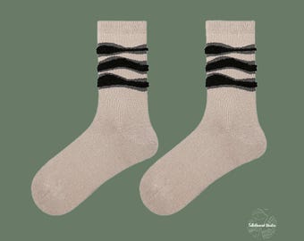 DARK SEA Mnimalist Taupe Cotton Crew Socks | Black Wave Pattern | Abstract Wavy Funky Socks