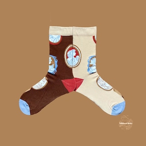 BAROQUE Portrait Frame Mismatched Retro Artistic Cotton Crew Socks | Vintage Greek Cameo Patterned Socks | Brown and Cream Novelty Socks