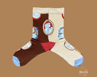 BAROQUE Portrait Frame Mismatched Retro Artistic Cotton Crew Socks | Vintage Greek Cameo Patterned Socks | Brown and Cream Novelty Socks