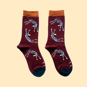 CIRCUS ACROBAT fun colorful art socks | funky pattern socks | unique novelty crew socks | cozy cotton socks | gift for her/him