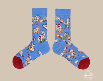 CLUCK CLUB Funky Crew Socks | Blue Rooster Patterned Cotton Socks
