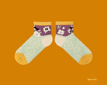 BOY WITH FLOWER fun ankle socks - summer socks - crazy socks - funky socks with face - colorful socks - cute patterned socks - cotton socks