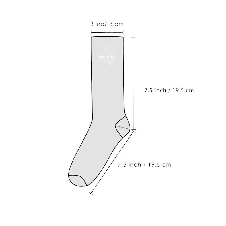 May include: A diagram showing the measurements of a pair of socks. The socks are 7.5 inches or 19.5 centimeters long and 3 inches or 8 centimeters wide.
