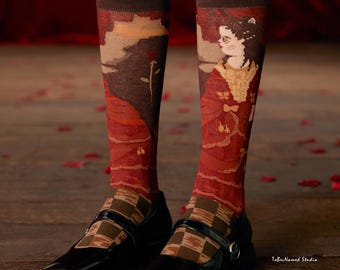 LITTLE PRINCESS Vintage-inspired Novelty Dress Socks | Mulberry Silk Jacquard Weave | Whimsical Mid Calf Socks for Artists