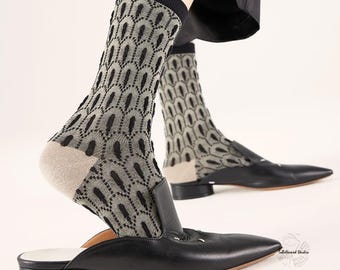 GALLERY ARCADE Geometric Patterned Crew Socks | Gray and Black Artistic Cotton Socks