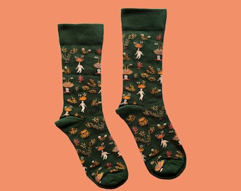 FOREST WONDERLAND unisex cotton art socks | fun forest pattern crew socks | funky novelty socks | cozy fashion socks | holiday gift