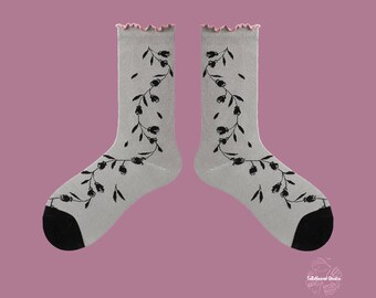 WILDFLOWER VINE Blakc Floral Pattern Crew Socks | Grey Crew Socks with Pink Scalloped Edge | Whimsical Cottagecore Aesthetic