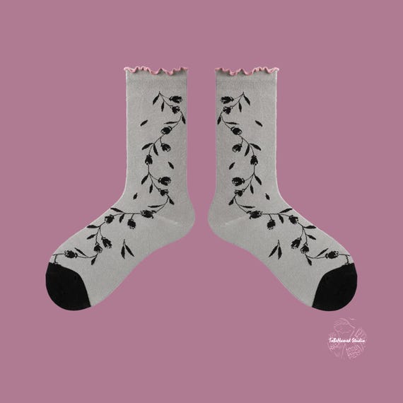 WILDFLOWER VINE Blakc Floral Pattern Crew Socks | Grey Crew Socks with Pink Scalloped Edge | Whimsical Cottagecore Aesthetic