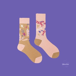 PINK PANTHER Mismatched Pink Socks | Brown Funky Animal Pattern Cotton Crew Socks | Whimsical Gift Socks For Creatives