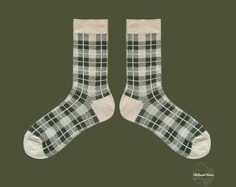 EVERGREEN PLAID Geometric Patterned Crew Socks | Beige Cotton Socks with Green Pattern | Classic Minimalist