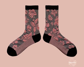 BLUSH PETAL 3D Textured Floral Socks | Pink Rose Crew Socks | Moody Coquette & Dark Academia Aesthetic