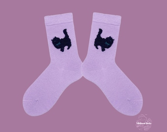 LAVENDER LULU Black Cat Crew Socks | Luxury Mulberry Silk & Wool Blend | Whimsical Purple | Gift for Cat Lovers