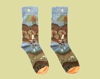 LAKE PRESPA fun crew socks - art patterned socks - funky socks women/men - cozy socks - novelty socks gift idea - fashion socks