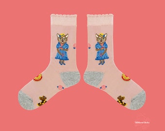SPARKLING CAT FRIENDS  fun crew socks - art patterned socks - cat patterned socks -cool cat socks - funky socks unisex - novelty cat socks