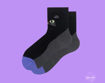 ZIZI Black Cat Cotton Crew Socks | Manet's Cat Inspired, Purple Toe Accent Cotton Socks
