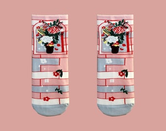 ROSE BALCONY fun ankle socks - summer socks - crazy socks - pink funky socks - cute cozy socks - patterned socks - art cotton socks