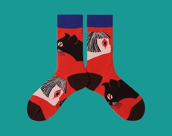 KISS ME unisex cotton art crew socks | colorful cat girl pattern socks | unique novelty socks | red cozy fashion socks | Christmas gift