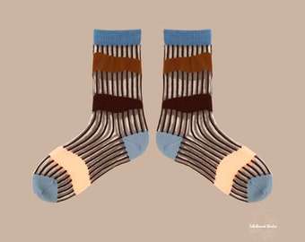 ICE COFFEE Stripped Socks Unisex - Ultra Thin Lightweight Soft Socks - Transparent Sheer Funky Socks Pair - Coffee Lovers Gifts