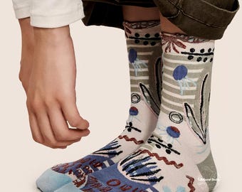 ARBORETUM SERIES Abstract Botanical Pattern Crew Socks | Haeckel-Inspired Texture | Novelty Knit Cotton Socks