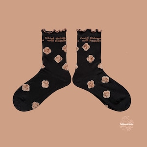COFFEE DOTS Lettuce Edge Ruffle Black Crew Socks | Rasied Textured Brown Jacquard Dots | Classic Pop Art Novelty Socks