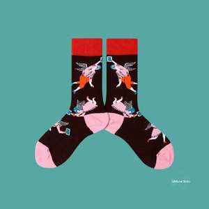DANCING FAIRY Patterned Art Socks | Whimsical Pink Toe Crew Socks | Novelty Chacolate Brown Cotton Socks | Unique Gift For Creatives