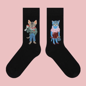 HAPPY CAT FRIENDS unisex soft cotton art crew socks fun cat pattern socks novelty fashion socks cozy mismatch socks holiday gift B