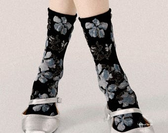 MIDNIGHT MONET Floral Patterned Crew Socks | Metalic Blue Flower Cotton Blend Socks | Monet Inspired Socks