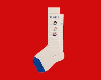 BONJOUR leuke Franse sokken | kunstpatroon sokken | gekke funky sokken | unisex schattige gezellige sokken | mode-sokken over de kuit | cadeau voor haar/hem