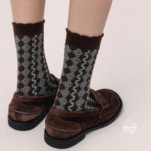 BYRON’S VELVET Scalloped Crew Socks | Deep Chocolate & Frosted Teal Patterned Socks