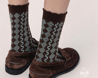 BYRON’S VELVET Scalloped Crew Socks | Deep Chocolate & Frosted Teal Patterned Socks