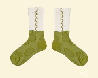 GREEN PLUM fun art pattern socks | crazy funky crew socks | unique novelty fashion socks | 3D texture socks | gift idea | spring light sock