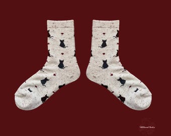 FUZZY CAT Patterned Crew Socks | Quirky Artisitic Cat Socks | Wool Blend Cotton Socks