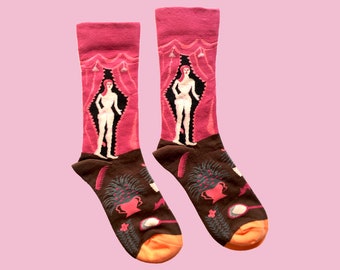 PINKY LADY THEATER women cotton art socks | fun pink lady crew socks | funky pattern socks | novelty fashion socks | holiday gift