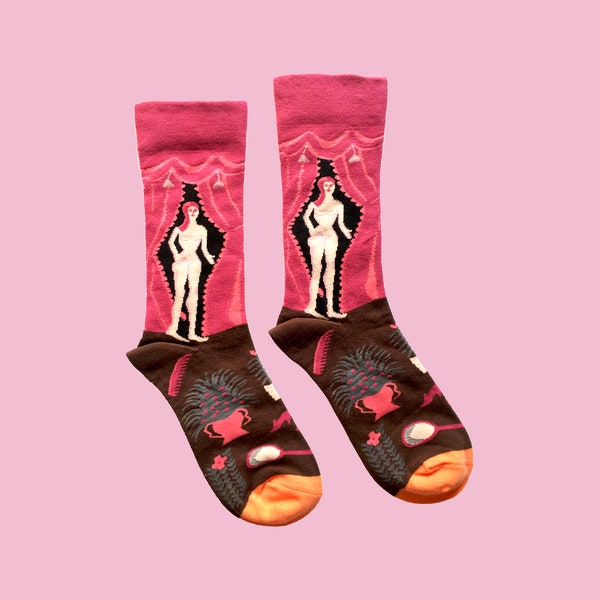 PINKY LADY THEATER women cotton art socks | fun pink lady crew socks | funky pattern socks | novelty fashion socks | holiday gift