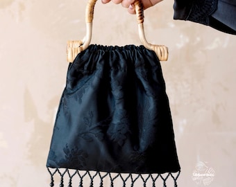 DECO NOIR Rattan Handle Tassel Bag | Art Deco Inspired Black Jacquard Handbag
