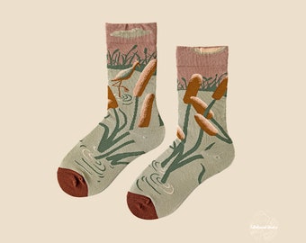 LAKE OF CRANES fun art pattern socks | crazy funky crew socks | unique novelty fashion socks | cozy spring cotton socks | gift idea