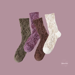 TROMPE-L&#39;OEIL Jacquard Art Socks | Textured Socks Gift For Her | Muted Color Cotton Crew Socks | Floral Art Fashion Socks For Creatives