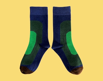 BLUE GREEN & BROWN fun colorful art socks | unique funky crew socks | novelty pattern socks | unique cozy cotton socks | gift for her/him