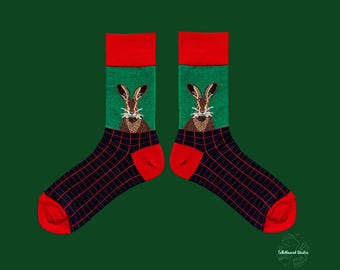 HIGHLAND HARE Bunny Portrait Artistic Cotton Blend Crew Socks | Whimsical Rabbit Head Pattern | Green and Red Funky Socks