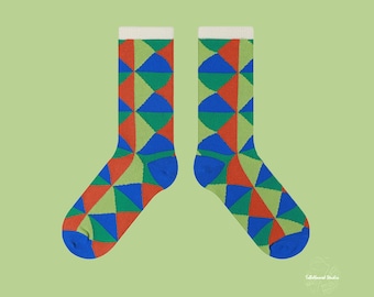 UNDERWATER Geometric Colorblock Crew Socks | Green, Red and Blue | Unisex Novelty Cotton Blend Socks