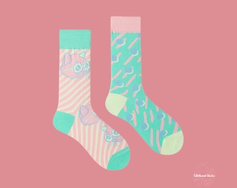 DISCO CAT fun art pattern socks | crazy funky crew socks | unique novelty fashion socks | cozy cotton socks | spring gift idea | neon cat