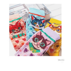 TEATIME CATS women cotton fun cat crew sock | cat art patterned socks | soft cozy fashion socks | colorful cat chic socks | gift for her